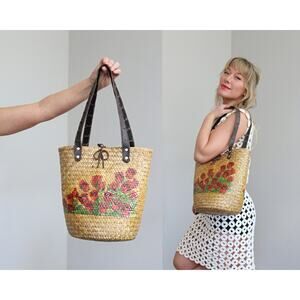 1970's Vintage Summer Straw Rose Bud Tote ~ 70's Bucket Bag ~ Bohemian European